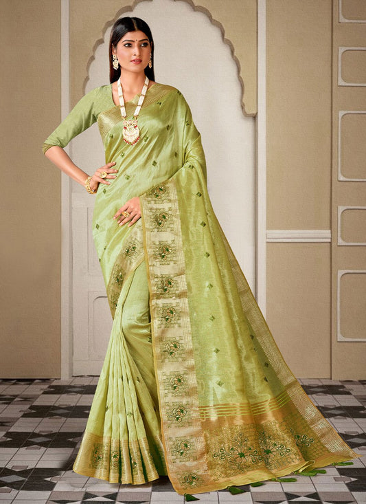 Trendy Saree Handloom Silk Sea Green Embroidered Saree