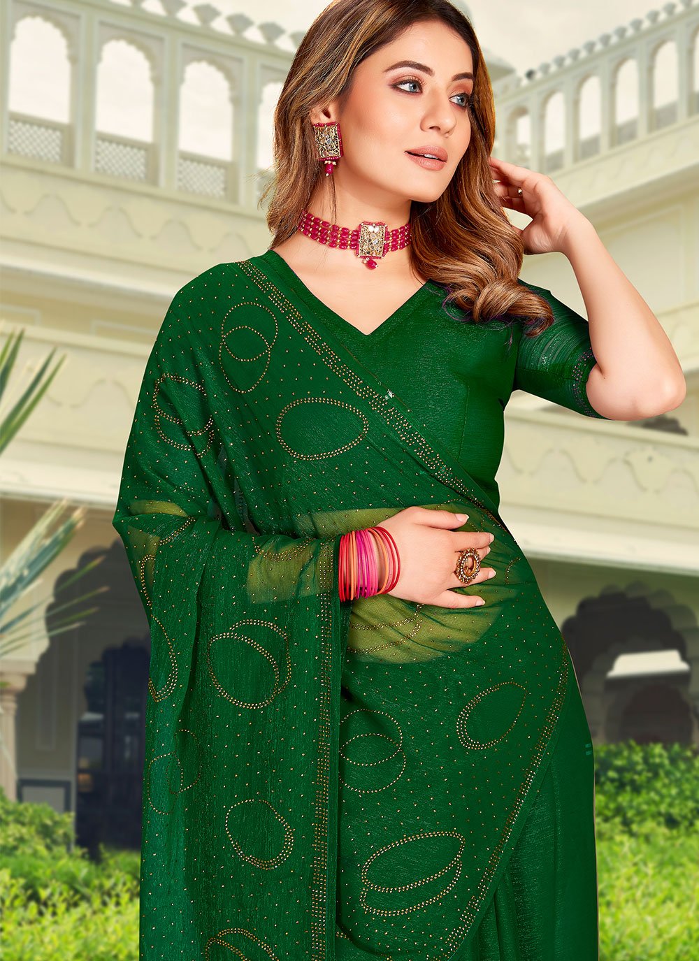 Classic Chiffon Green Stone Saree