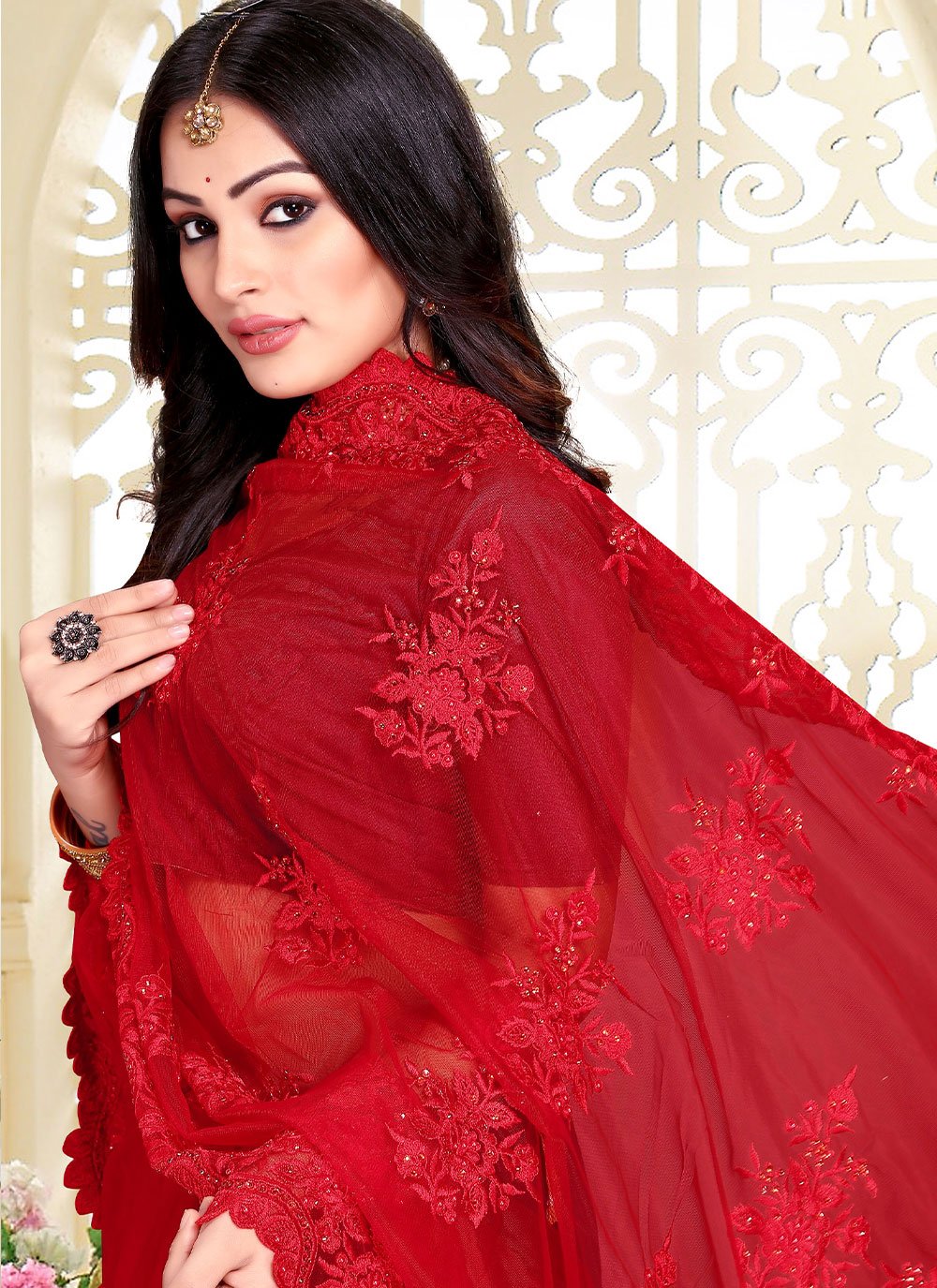 Contemporary Net Red Embroidered Saree