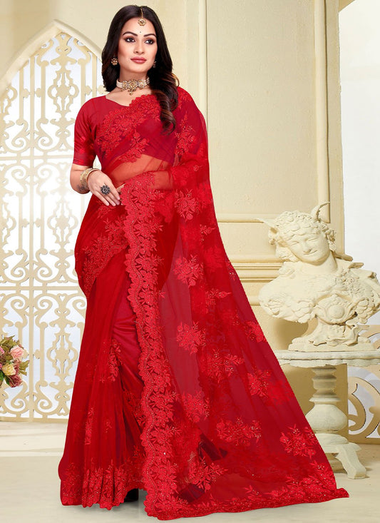 Contemporary Net Red Embroidered Saree