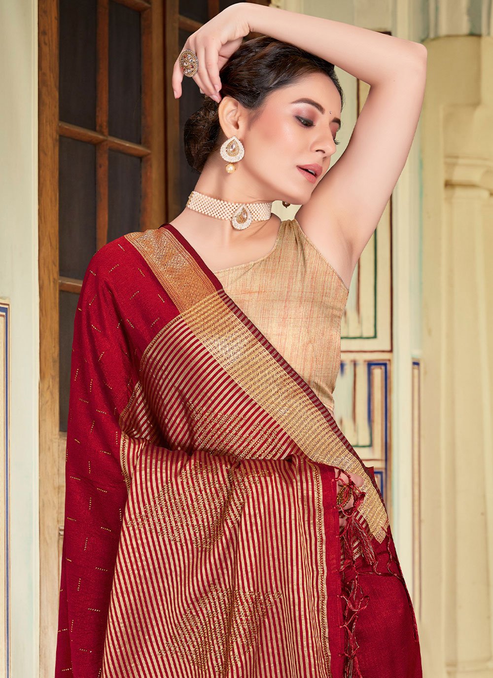 Contemporary Art Banarasi Silk Maroon Patch Border Saree