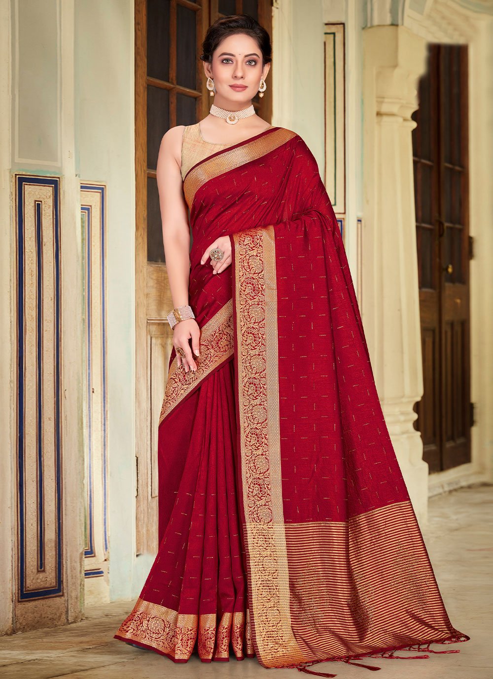 Contemporary Art Banarasi Silk Maroon Patch Border Saree