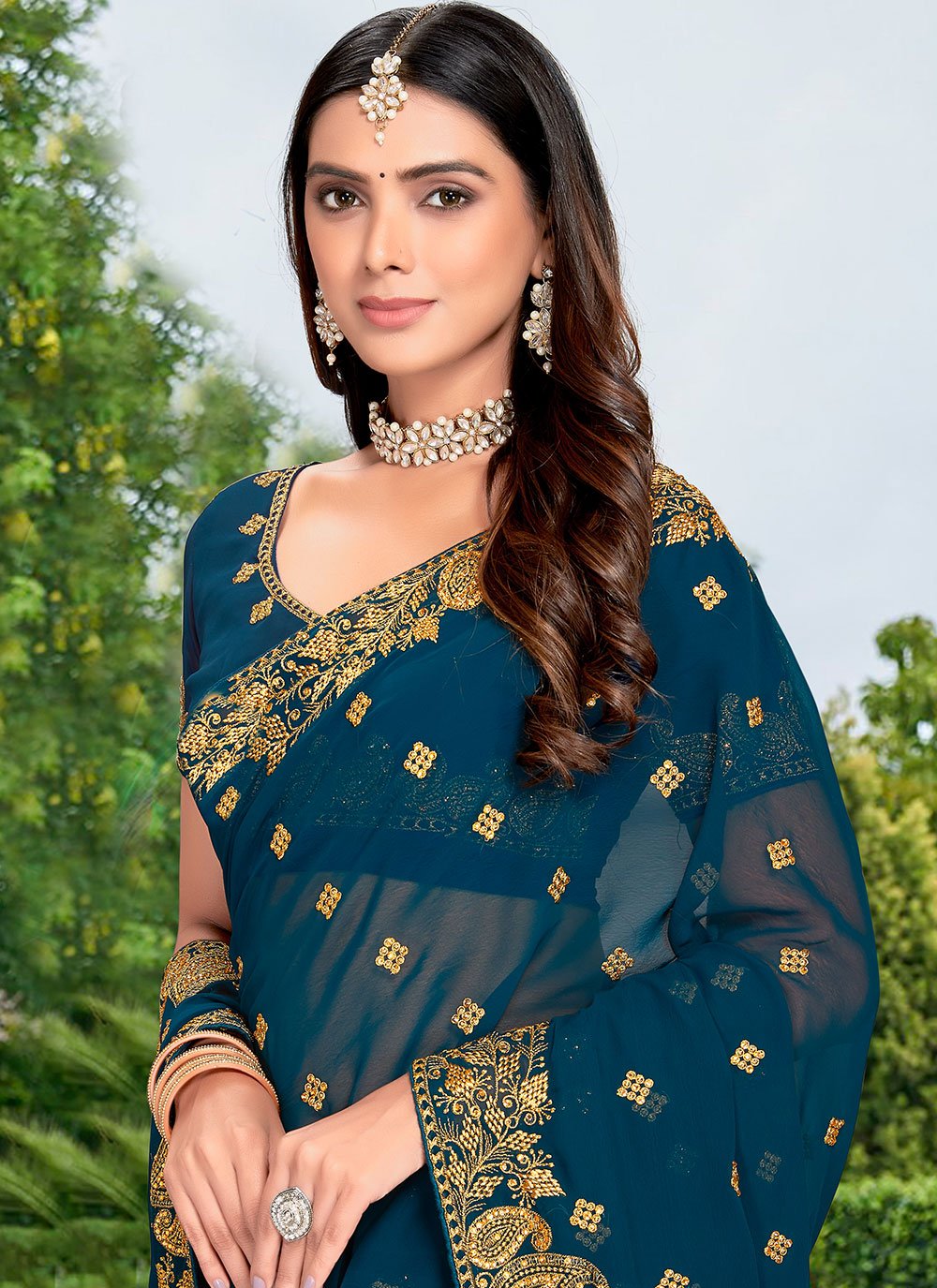 Classic Georgette Morpeach Embroidered Saree