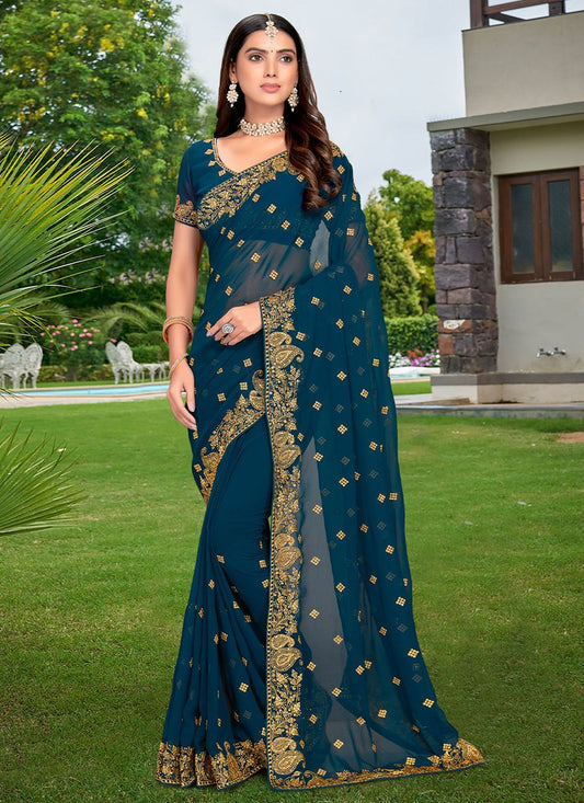 Classic Georgette Morpeach Embroidered Saree