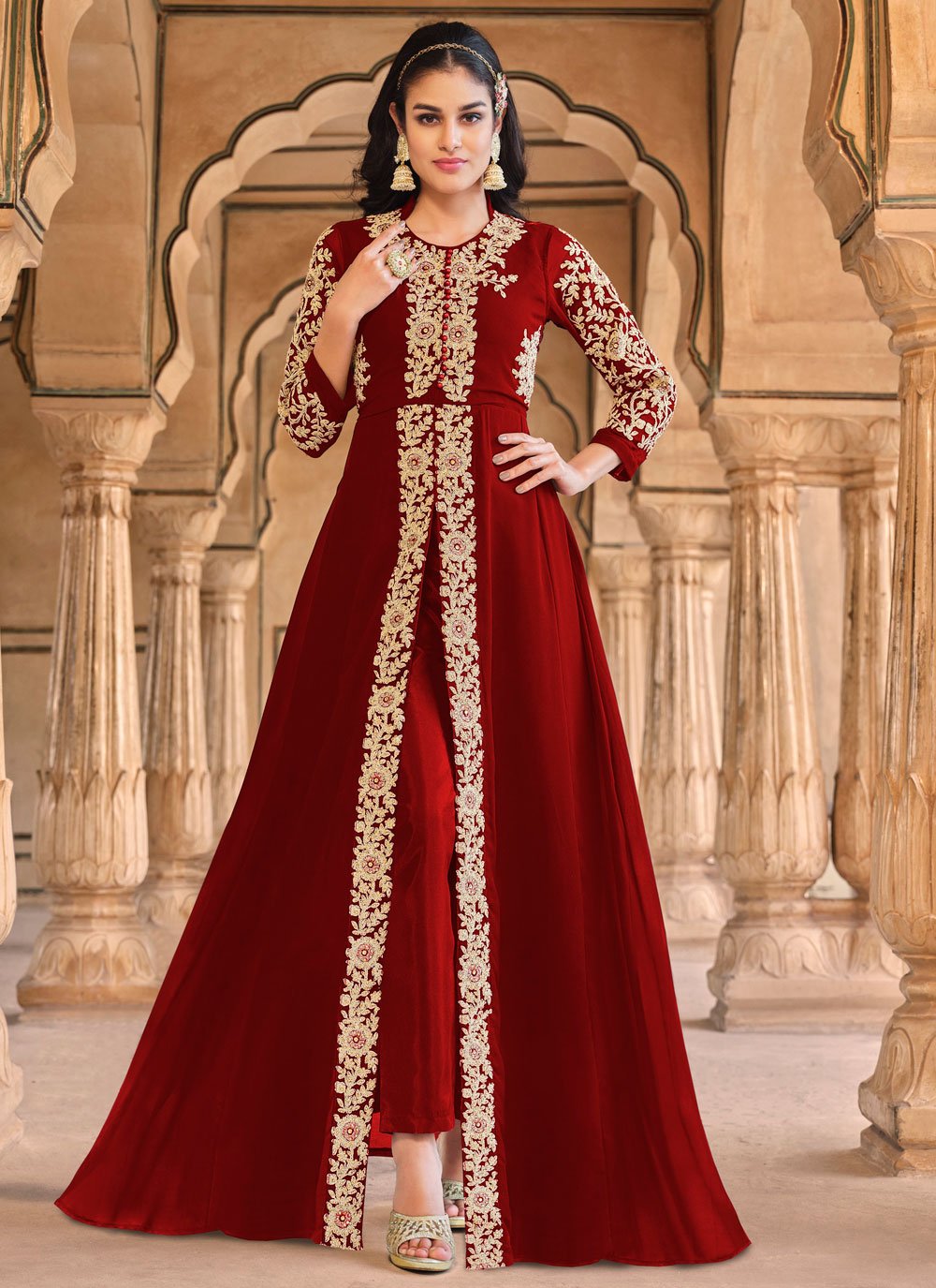 Salwar Suit Georgette Maroon Embroidered Salwar Kameez