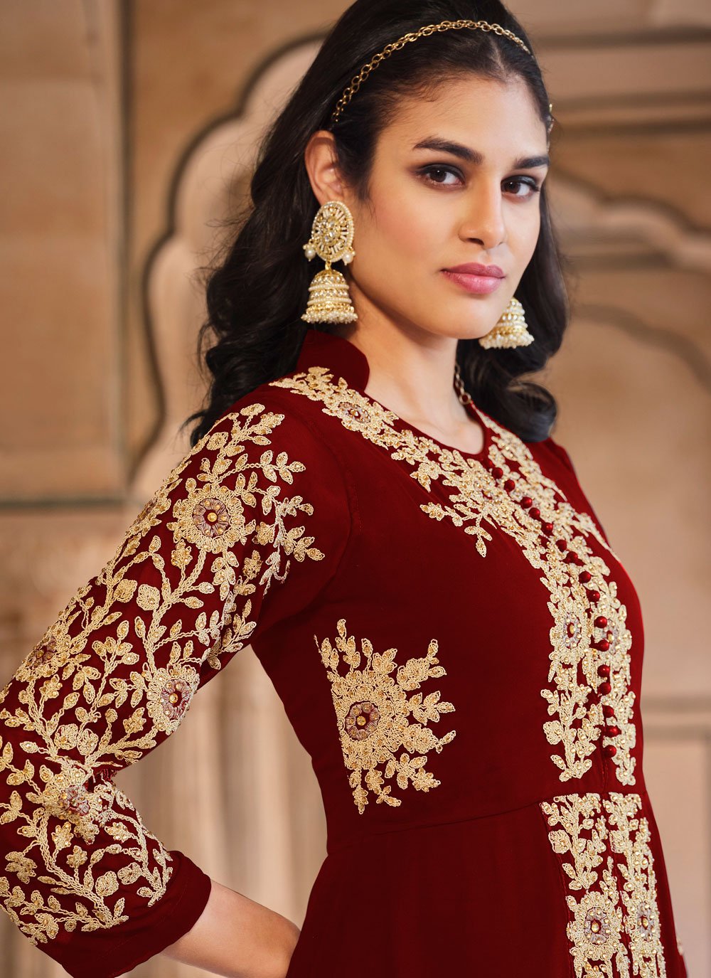 Salwar Suit Georgette Maroon Embroidered Salwar Kameez