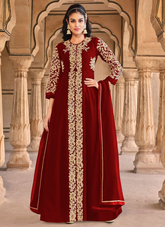 Salwar Suit Georgette Maroon Embroidered Salwar Kameez