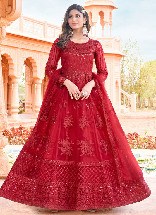 Anarkali Suit Net Red Embroidered Salwar Kameez
