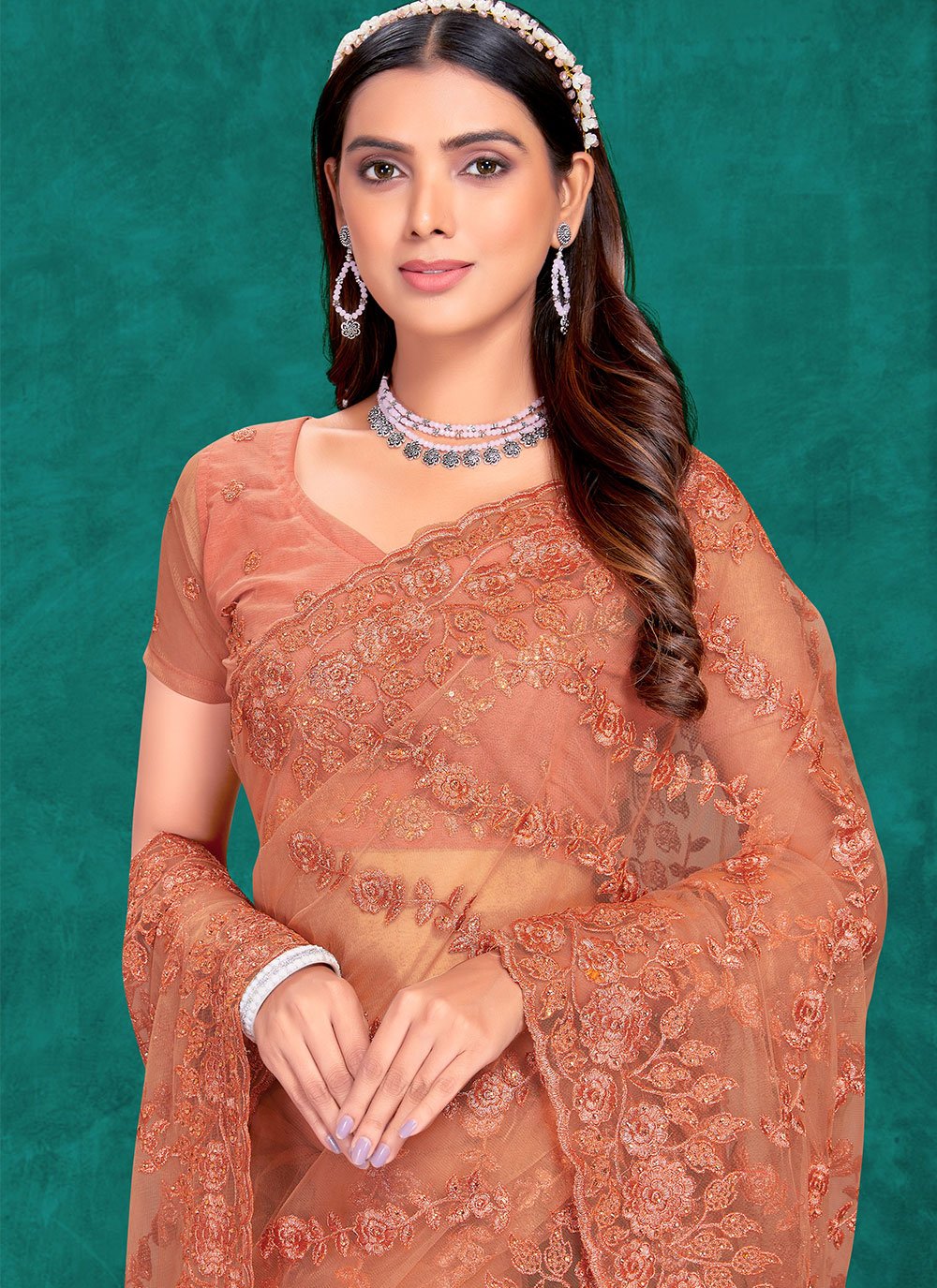 Designer Net Orange Embroidered Saree