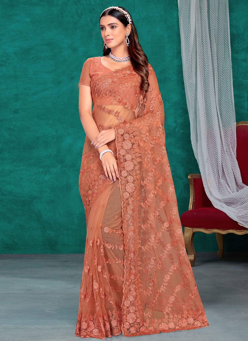 Designer Net Orange Embroidered Saree