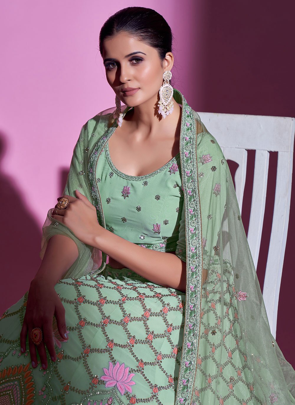 Lehenga Choli Georgette Sea Green Stone Lehenga Choli