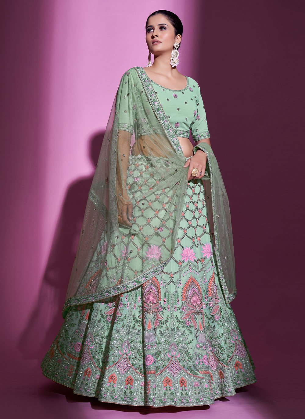 Lehenga Choli Georgette Sea Green Stone Lehenga Choli