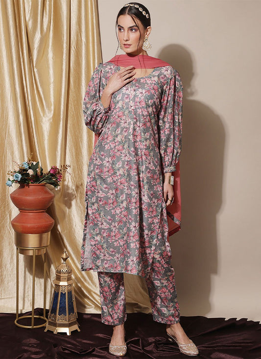 Straight Salwar Suit Muslin Grey Digital Print Salwar Kameez