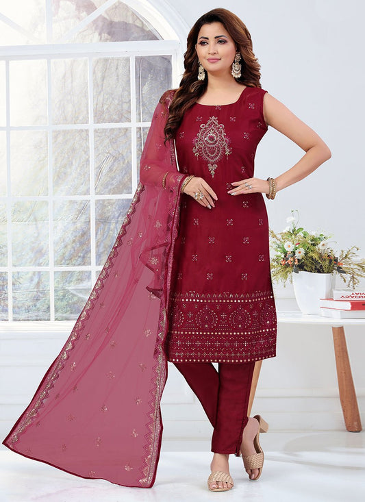 Straight Salwar Suit Art Silk Maroon Embroidered Salwar Kameez