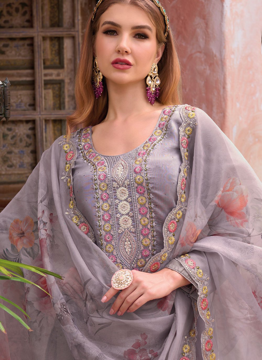 Straight Salwar Suit Silk Viscose Mauve Embroidered Salwar Kameez