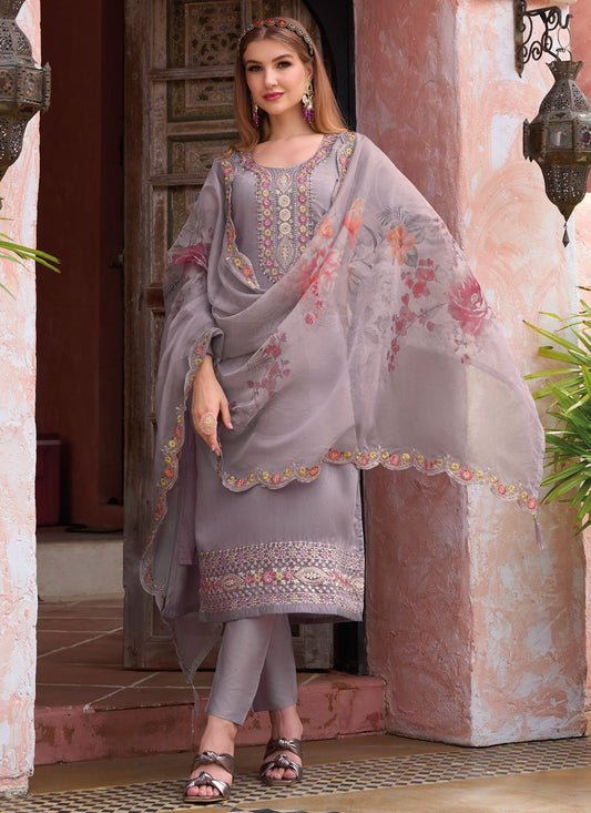 Straight Salwar Suit Silk Viscose Mauve Embroidered Salwar Kameez