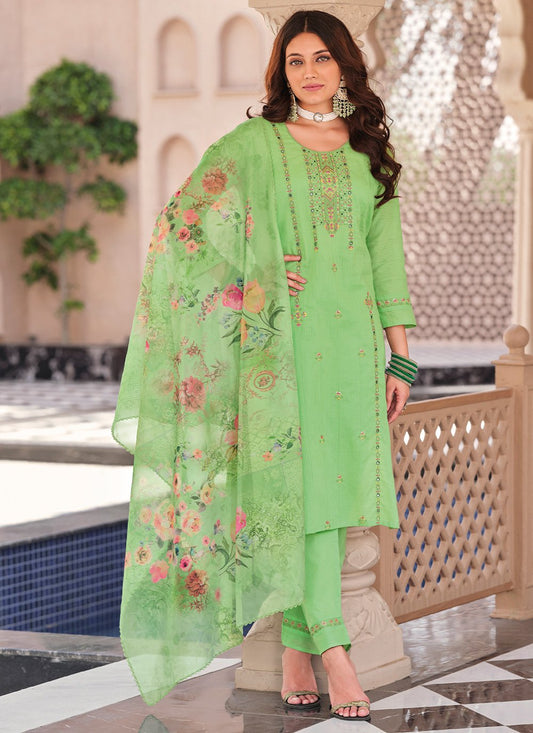 Straight Salwar Suit Cotton Green Embroidered Salwar Kameez