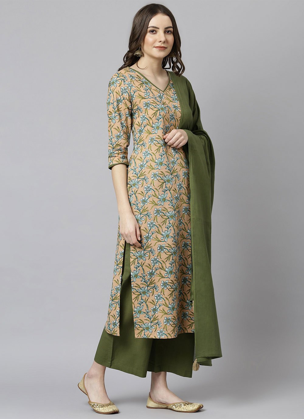 Straight Salwar Suit Cotton Sea Green Floral Patch Salwar Kameez