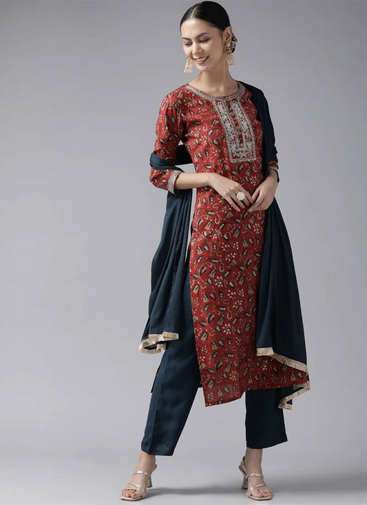 Straight Salwar Suit Muslin Rust Floral Patch Salwar Kameez