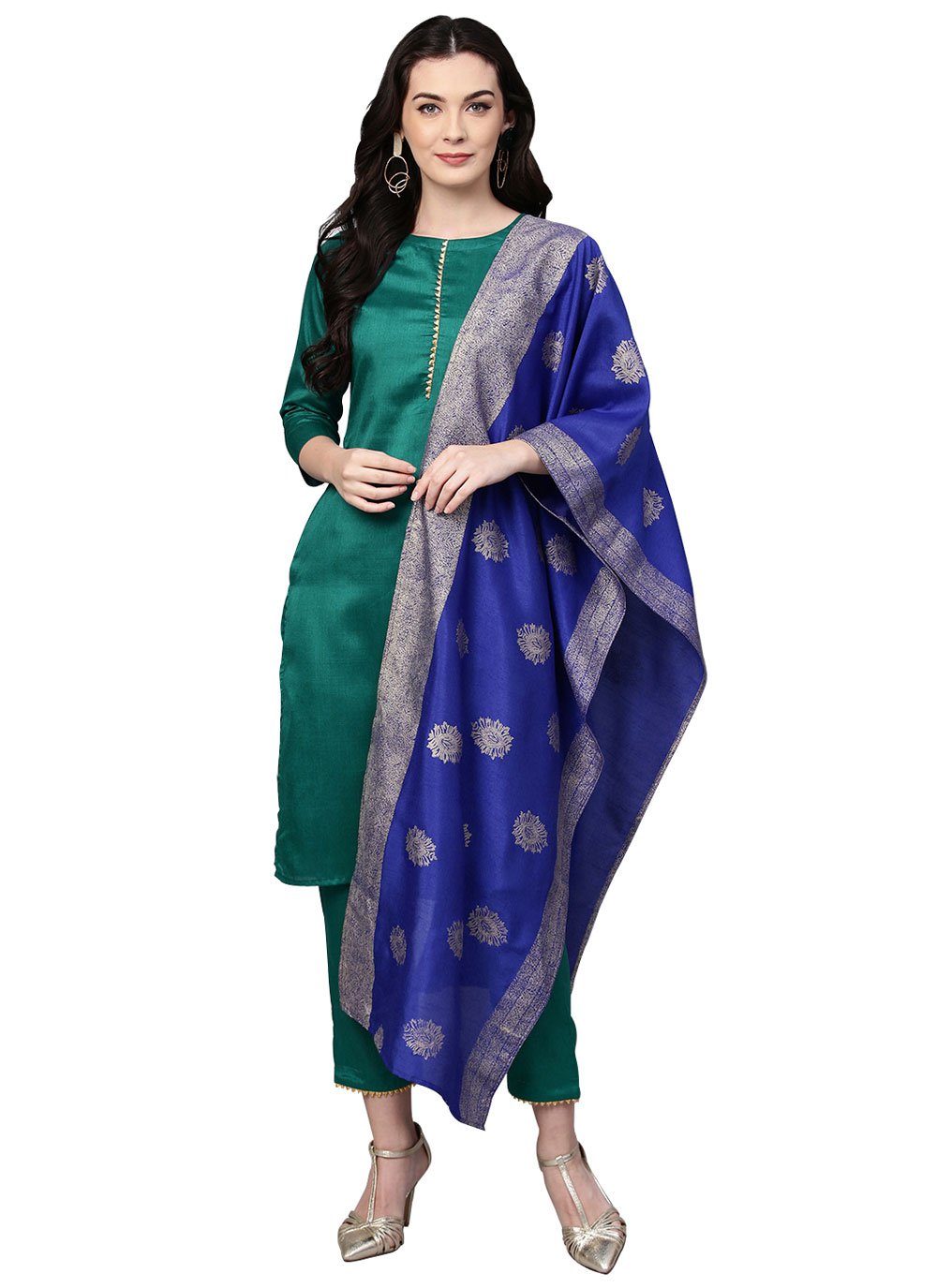 Straight Salwar Suit Poly Silk Green Plain Salwar Kameez