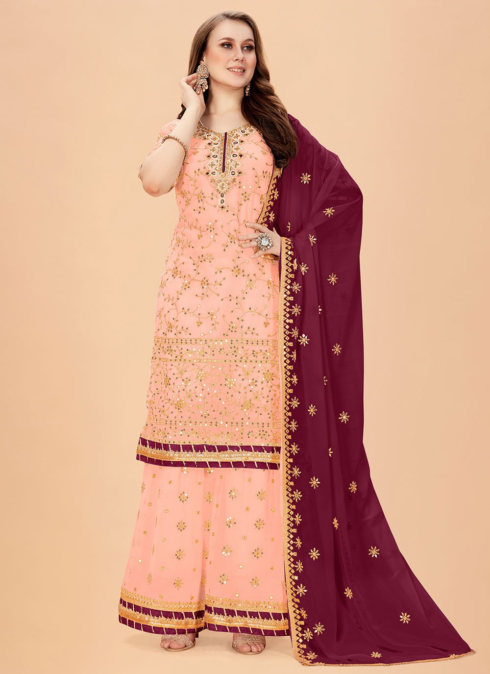 Straight Salwar Suit Faux Georgette Peach Embroidered Salwar Kameez