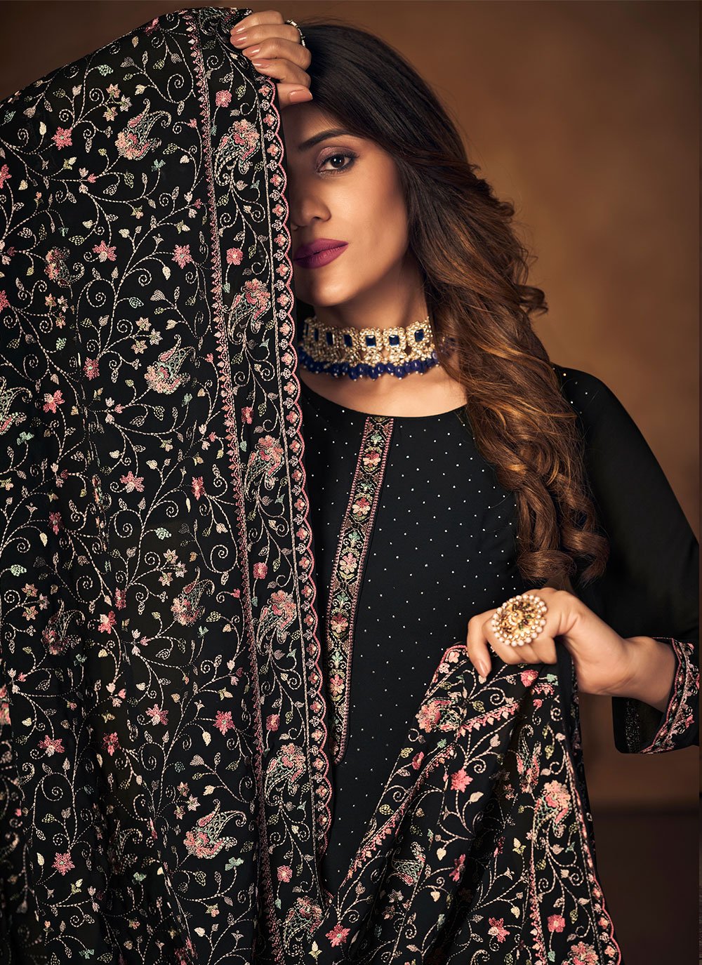 Straight Salwar Suit Georgette Black Crystals Salwar Kameez