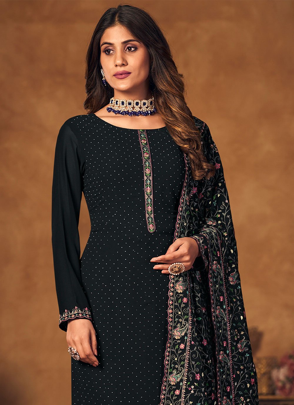 Straight Salwar Suit Georgette Black Crystals Salwar Kameez