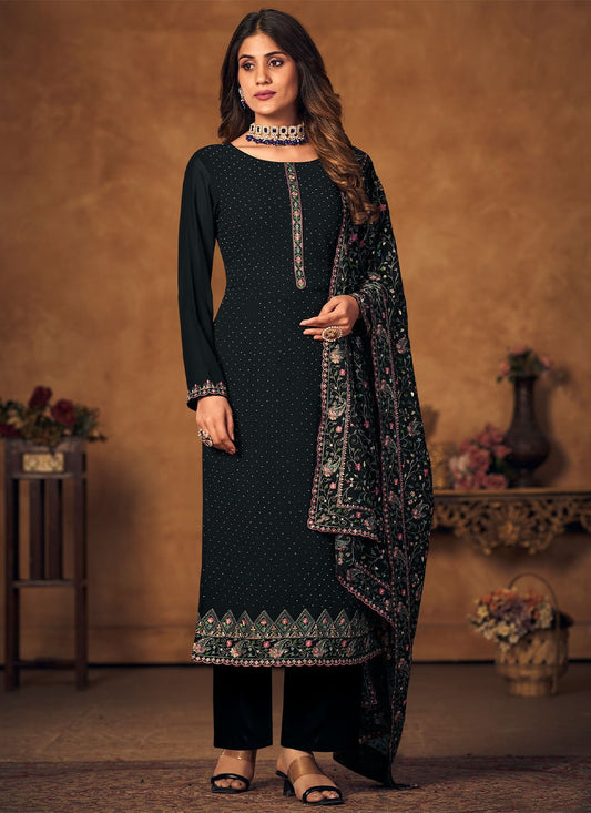 Straight Salwar Suit Georgette Black Crystals Salwar Kameez