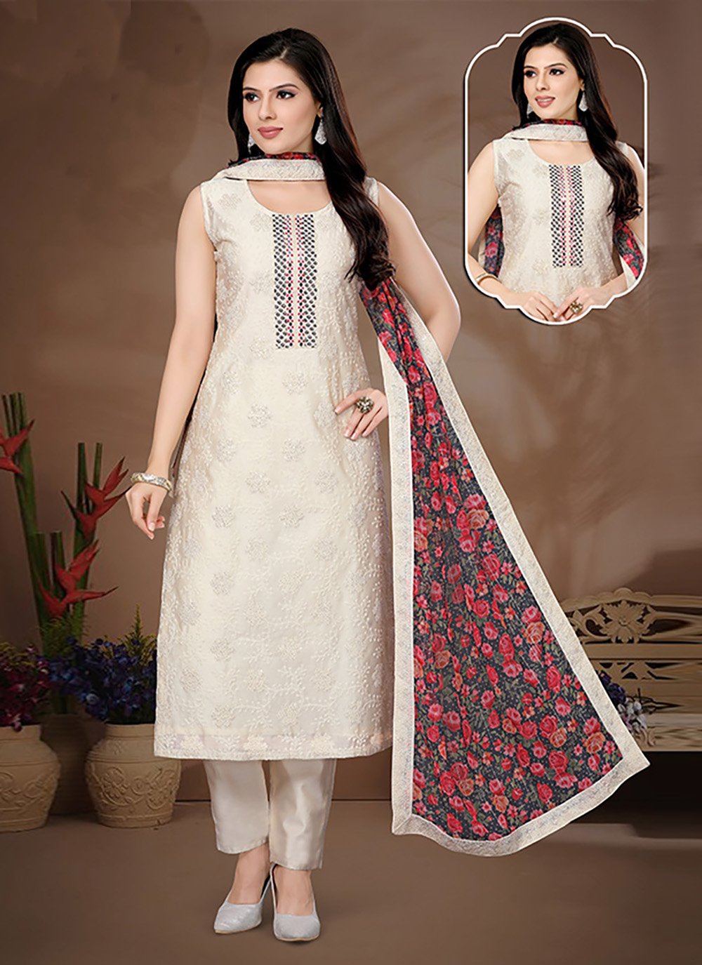 Straight Salwar Suit Silk Off White Embroidered Salwar Kameez