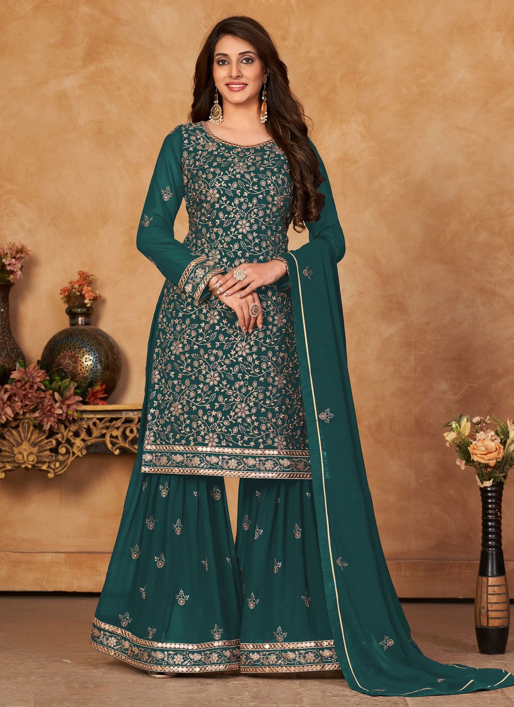 Straight Salwar Suit Faux Georgette Rama Embroidered Salwar Kameez