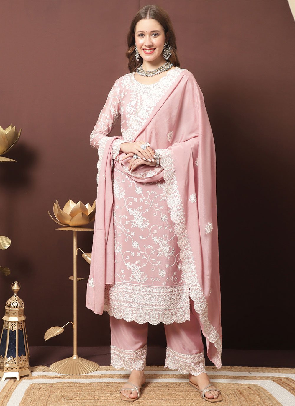 Straight Salwar Suit Chiffon Chinon Pink Crystals Salwar Kameez