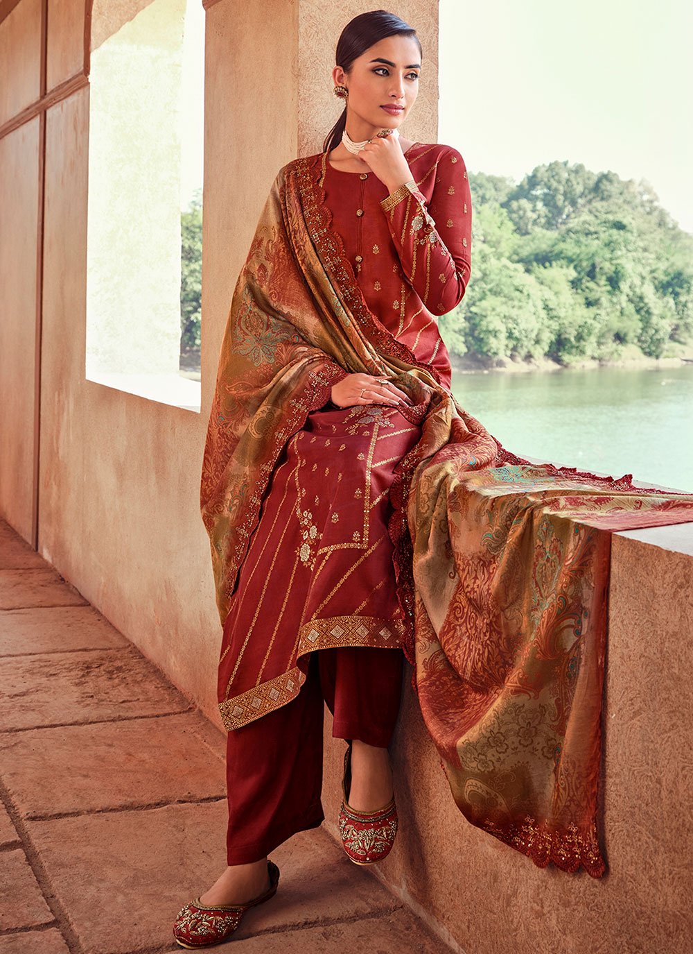 Straight Salwar Suit Silk Rust Embroidered Salwar Kameez