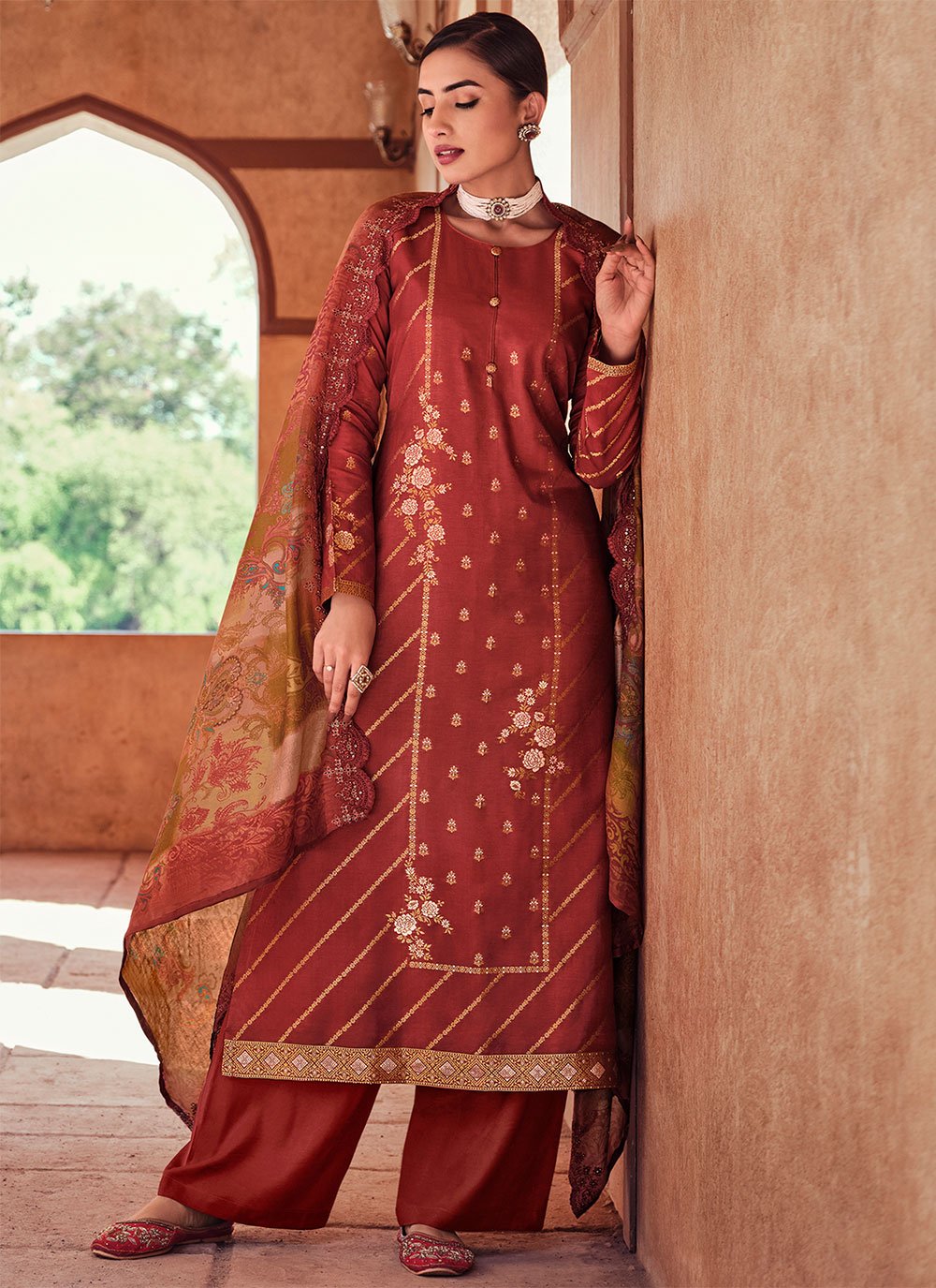 Straight Salwar Suit Silk Rust Embroidered Salwar Kameez