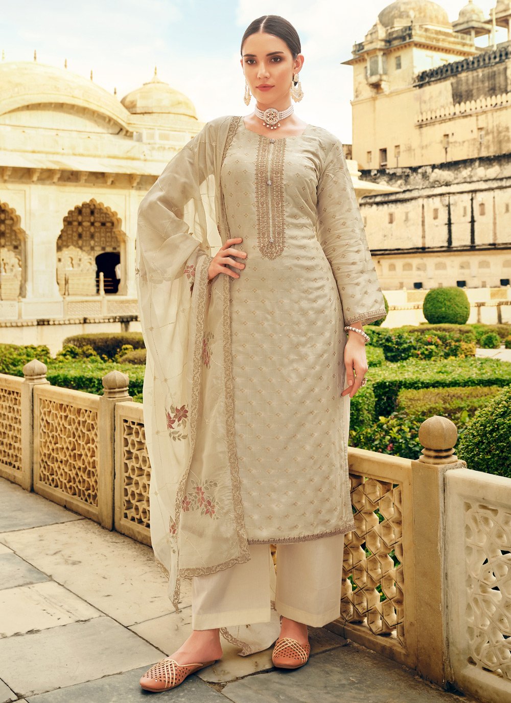 Straight Salwar Suit Cotton Cream Embroidered Salwar Kameez