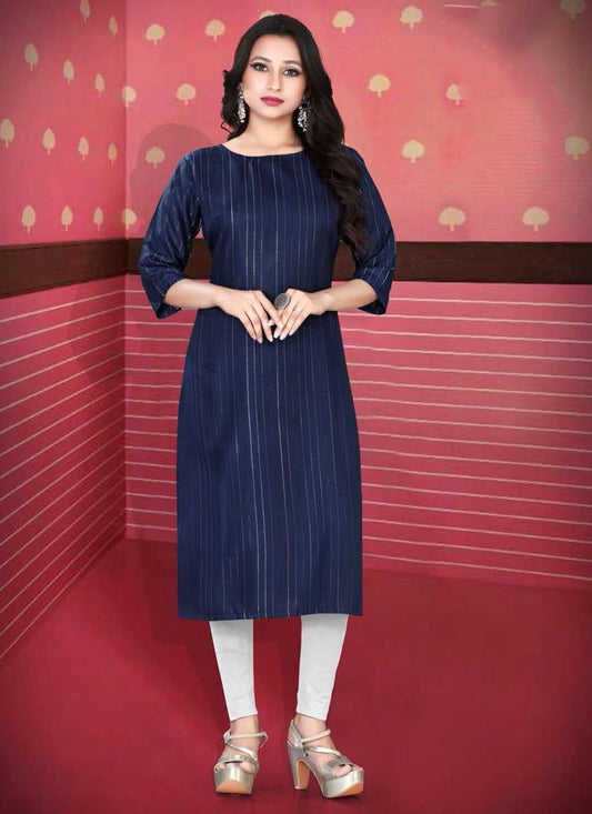 Designer Kurti Cotton Blue Strips Print Kurtis