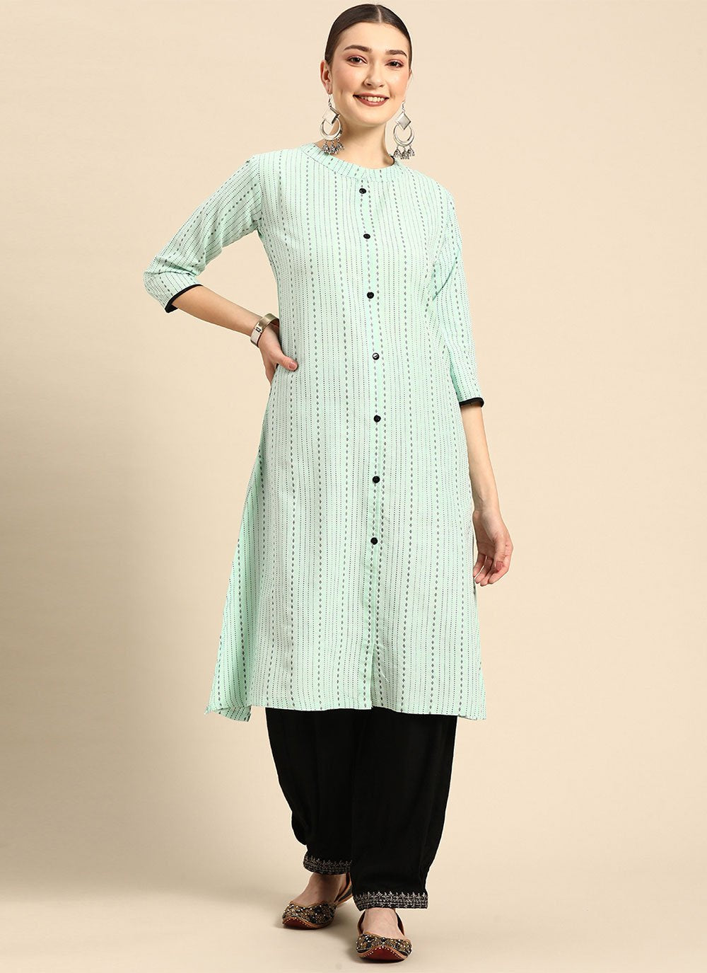 Casual Kurti Cotton Green Strips Print Kurtis