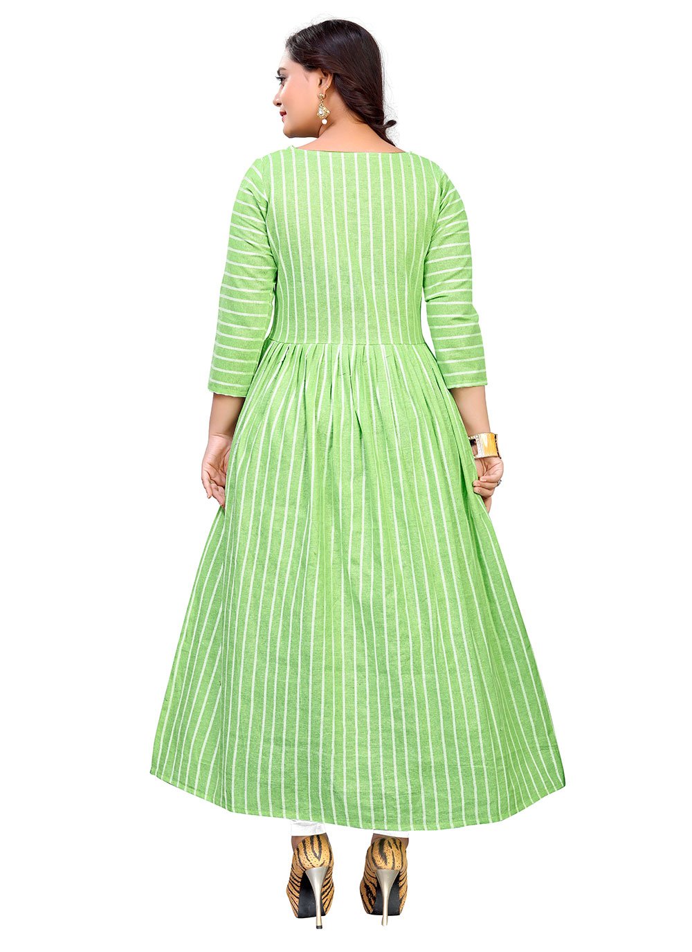 Gown Cotton Green Strips Print Gown