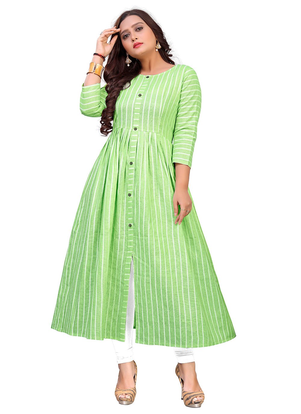 Gown Cotton Green Strips Print Gown