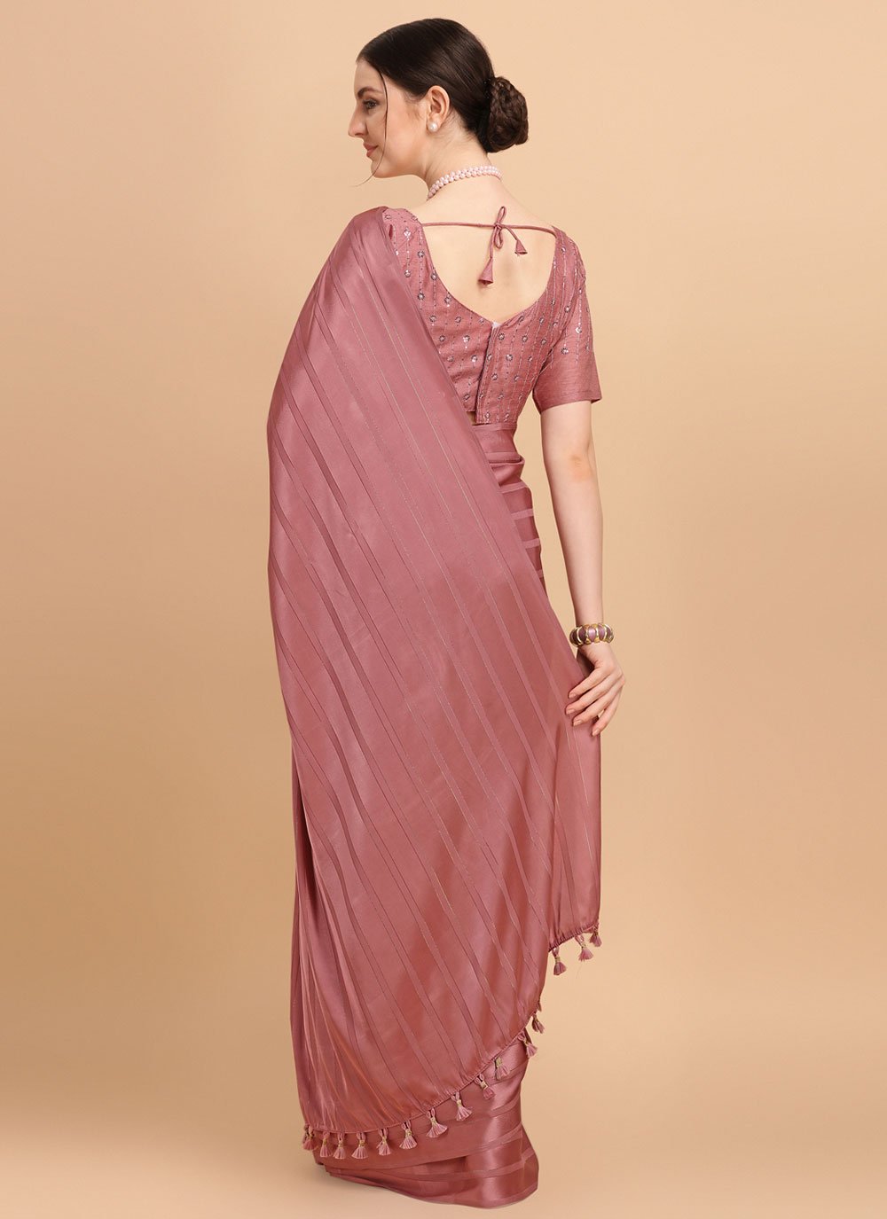 Classic Satin Silk Pink Strips Print Saree