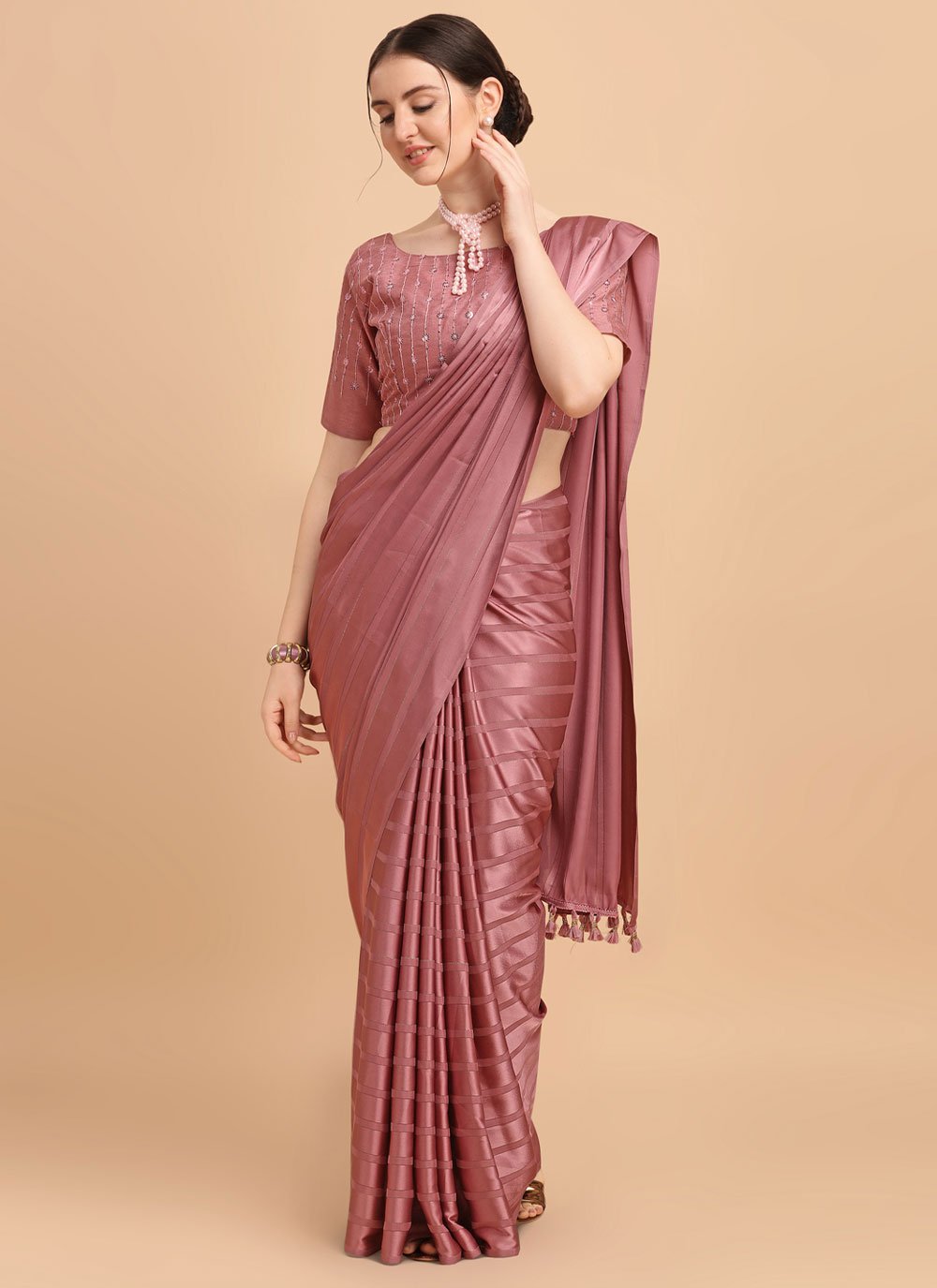 Classic Satin Silk Pink Strips Print Saree