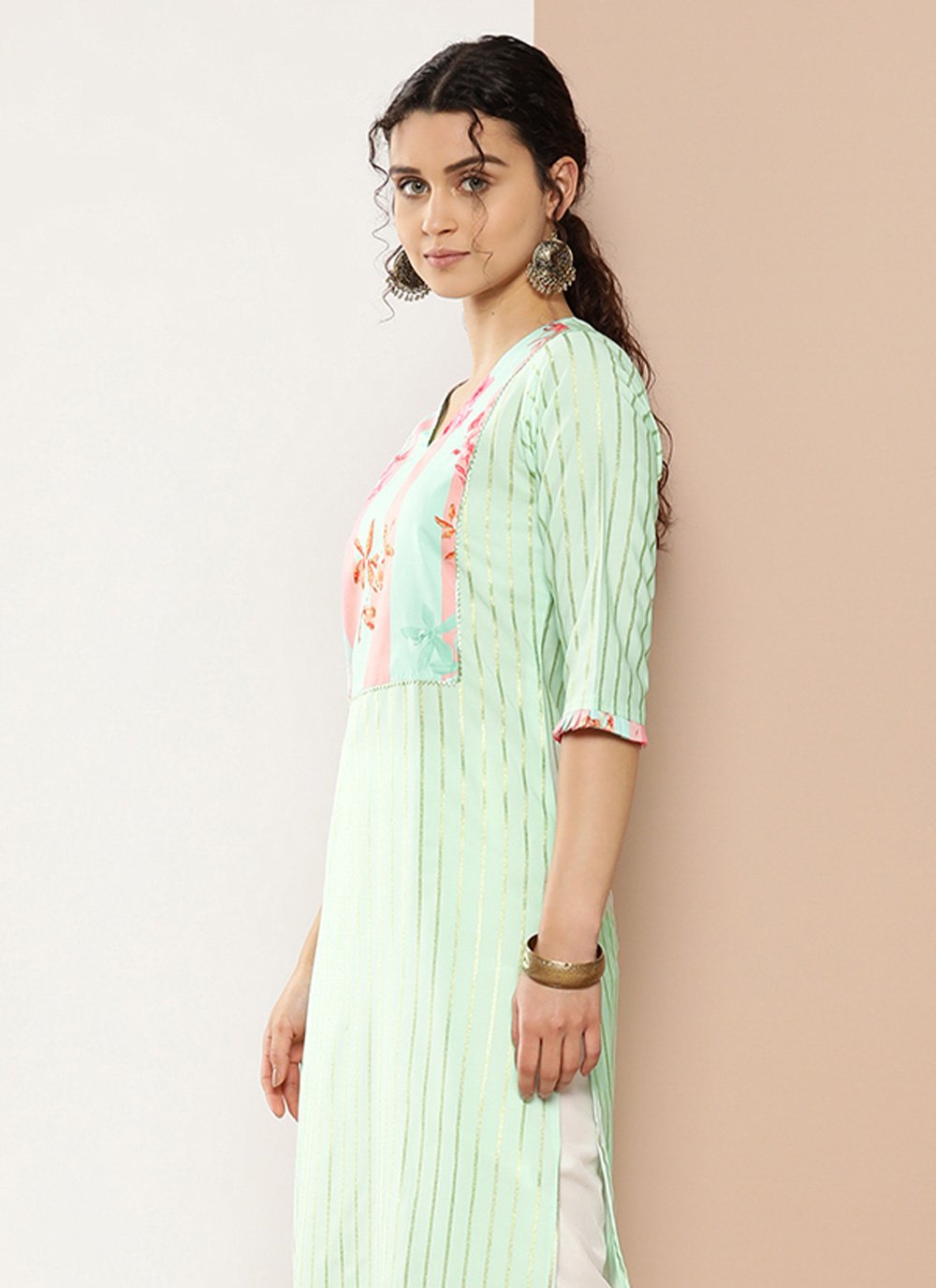 Casual Kurti Crepe Silk Sea Green Strips Print Kurtis