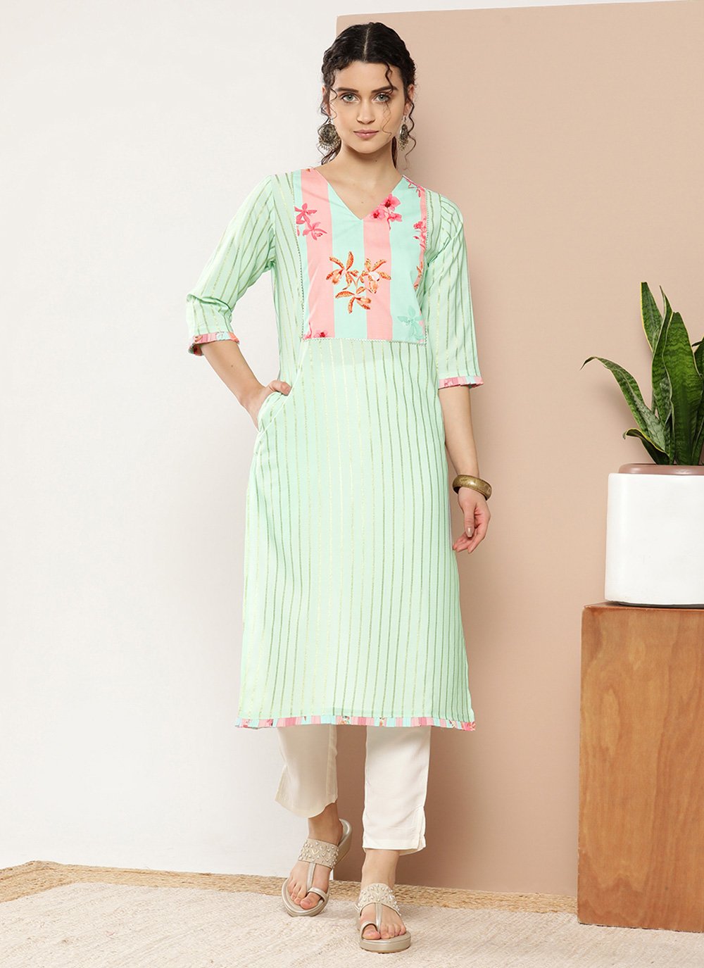 Casual Kurti Crepe Silk Sea Green Strips Print Kurtis