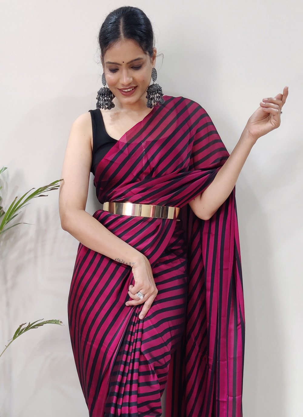 Contemporary Rangoli Silk Black Hot Pink Strips Print Saree