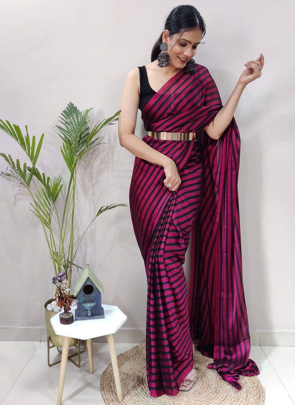 Contemporary Rangoli Silk Black Hot Pink Strips Print Saree