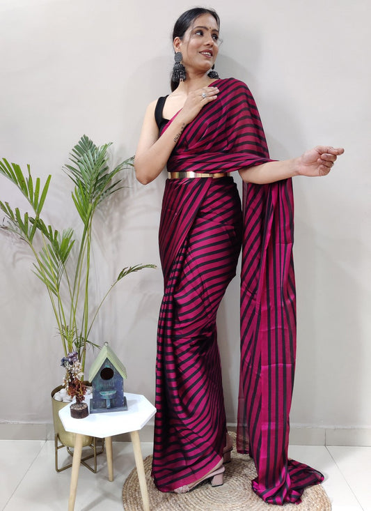 Contemporary Rangoli Silk Black Hot Pink Strips Print Saree