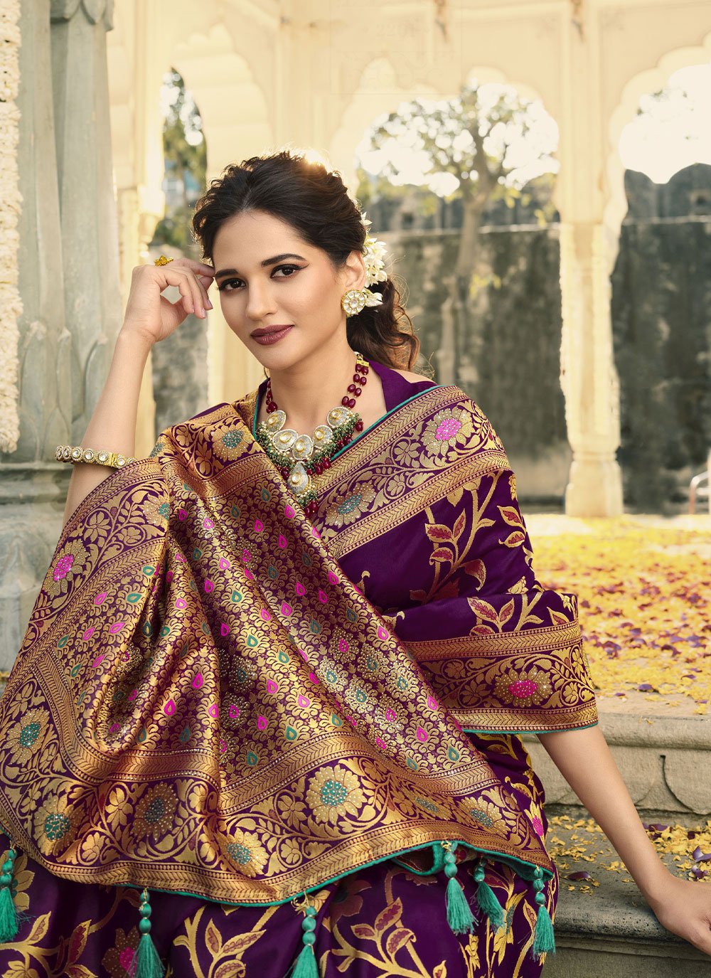 Trendy Saree Banarasi Silk Purple Swarovski Saree