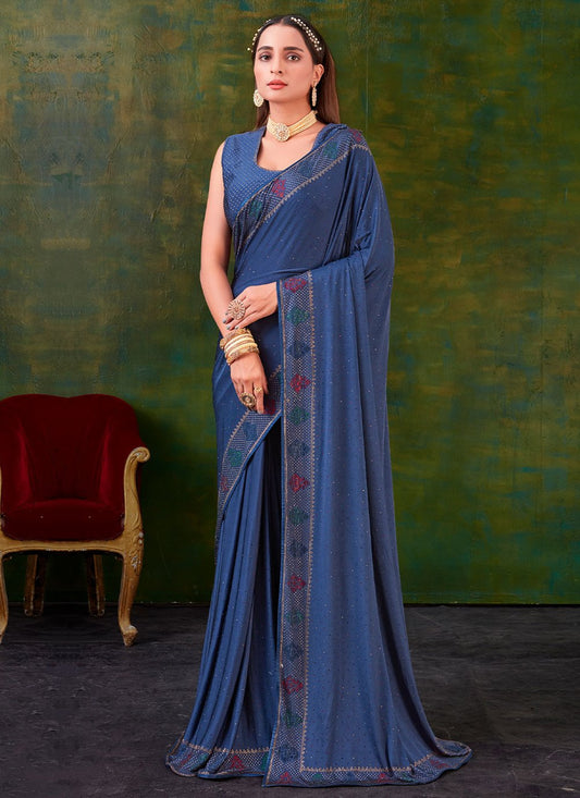 Contemporary Imported Blue Swarovski Saree