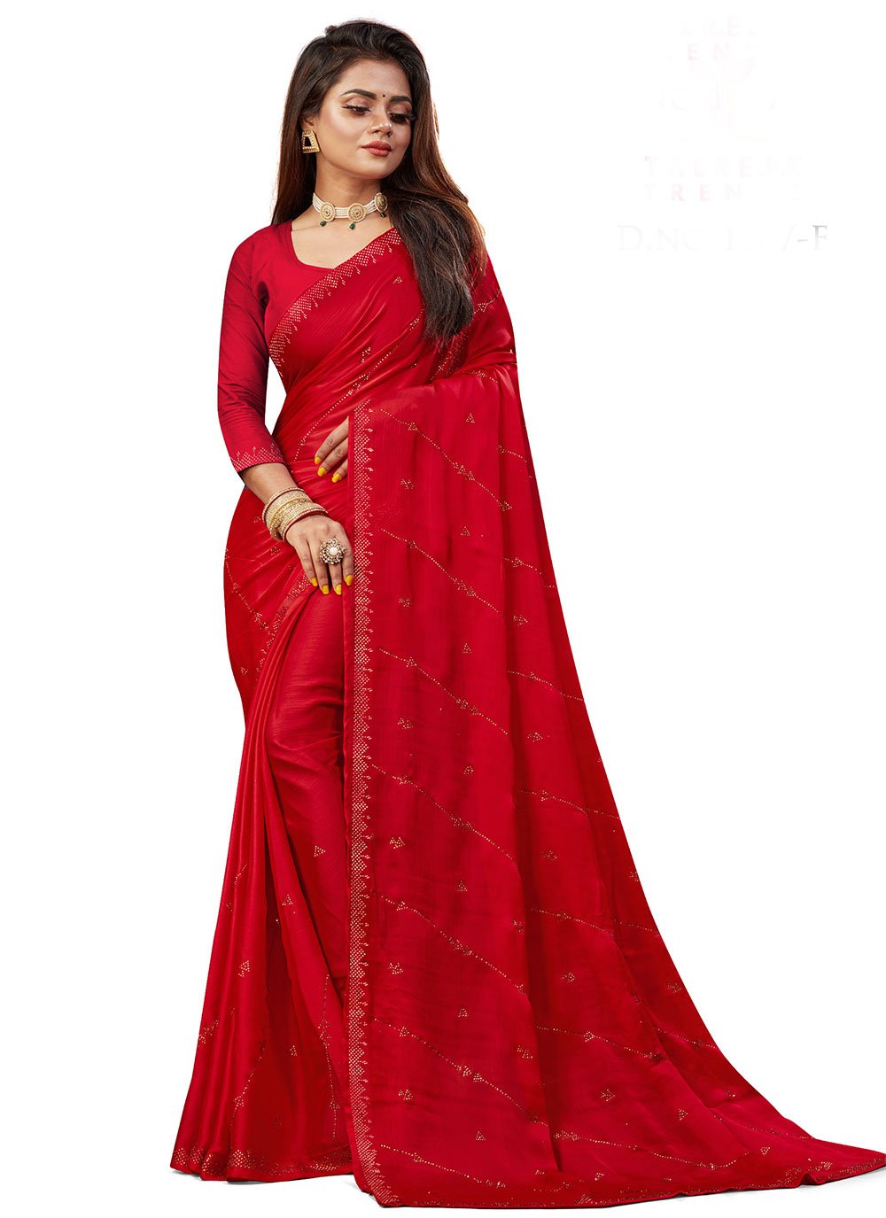 Contemporary Satin Red Swarovski Saree