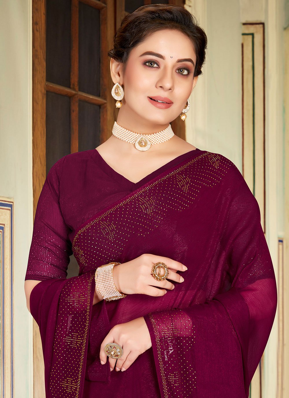 Classic Chiffon Wine Stone Saree