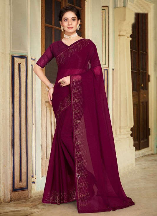 Classic Chiffon Wine Stone Saree